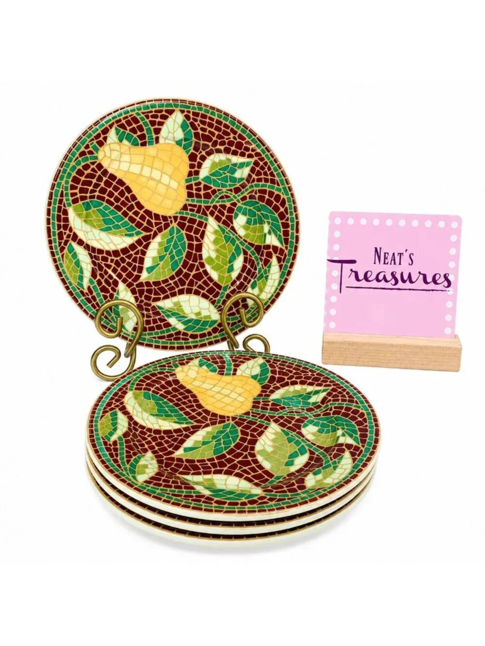 Pier 1 One MOSAIC FRUIT Red Yellow Earthenware Italy Lunch Salad Plates Set 4